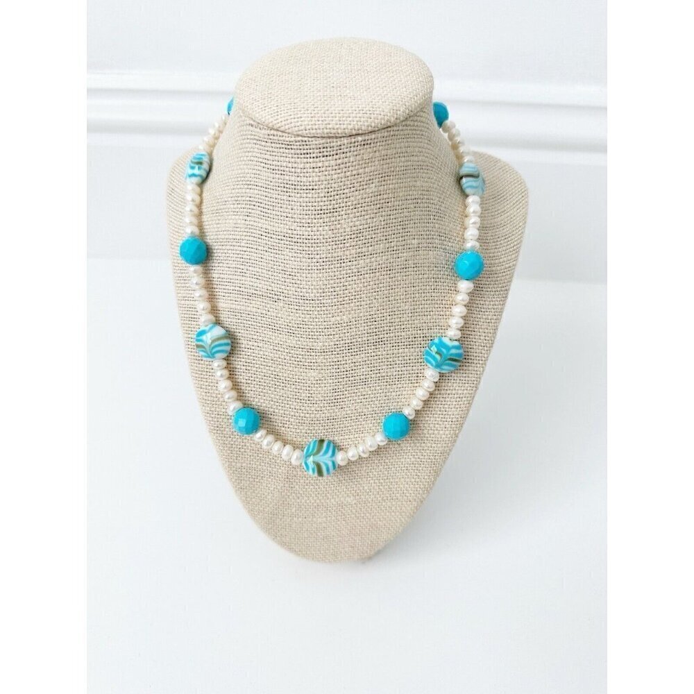 NWT Genuine Pearls & Glass Beads Necklace Blue White